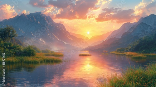 The sun sets behind towering mountains and casts a warm glow on the grassy river bank in this