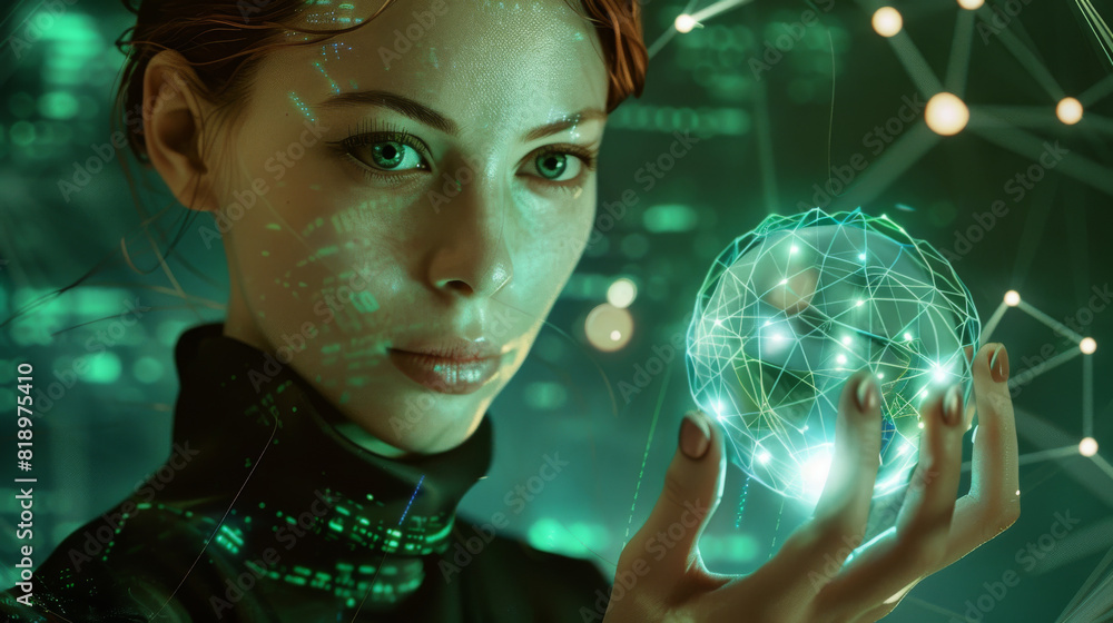 Fototapeta premium Female android holding a glowing data orb