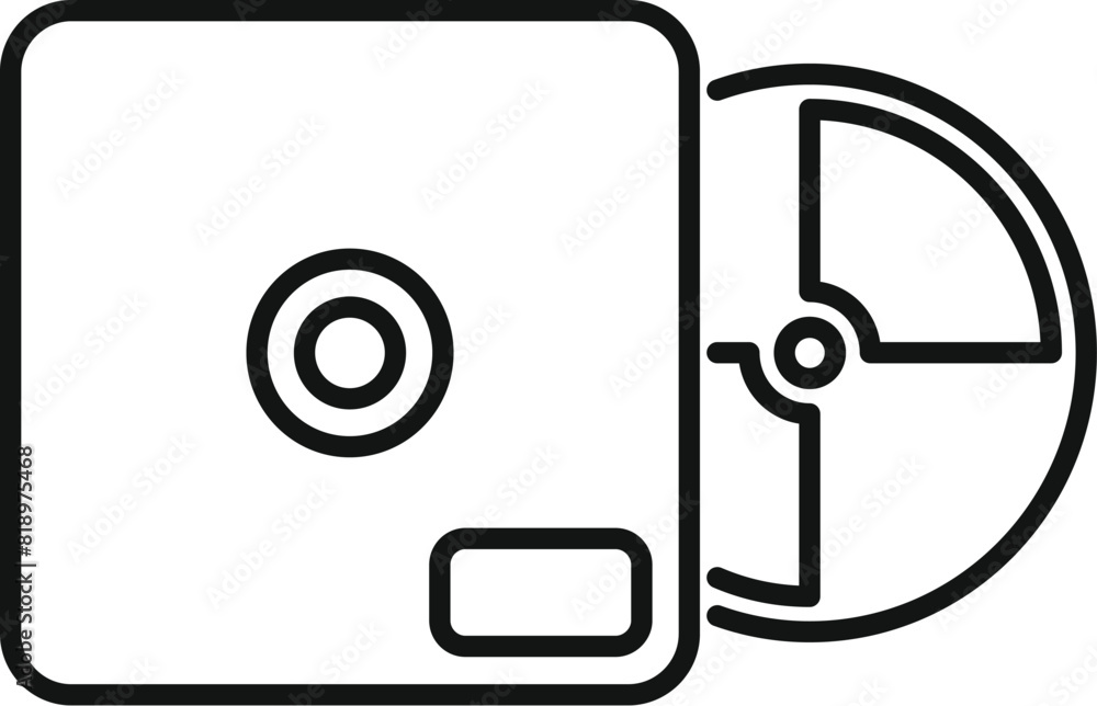 Black and white line drawing of a cdrom with an open disc tray, suitable for tech themes Black and white line drawing of a cdrom with an open disc tray, suitable for tech themes