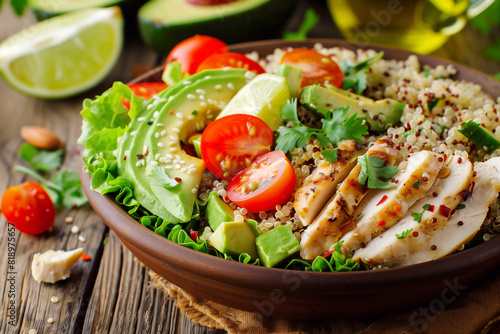 healthy salad with quinoa tomatoes chicken avocado and lime