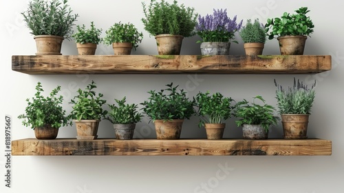 White wall with minimalist wooden shelves and potted plants