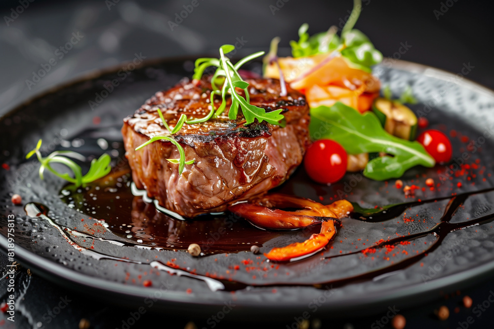 baked beef, food elegant expensive dish on dark plate baked beef, food elegant expensive dish on dark plate