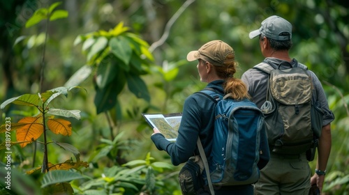 Two ecologists with backpacks examining and discussing vegetation in a dense tropical forest.