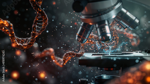 DNA under the microscope  showcasing a DNA strand with cellular structures surrounding it, set against a dark background.