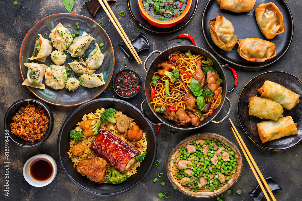 set of assorted chinese food, noodles fried rice, top view set of assorted chinese food, noodles fried rice, top view