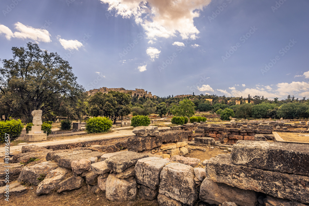 Athens, Greece, May 3rd 2024: Ancient Greek Agora ruins in the center ...