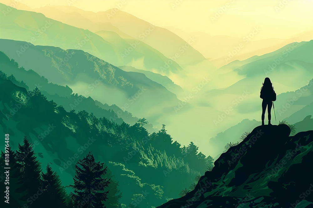 A woman on top mountain gazing at a beautiful valley view shrouded in mist at sunrise, hiking travel, Vector illustration.