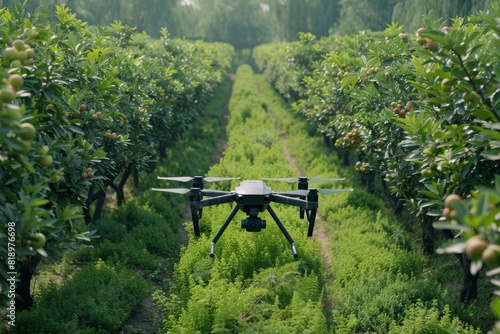 Smart farming illustrated with drone technology in an isometric field using sensors for crop care, agricultural innovation, and sustainable automated farming conditions.