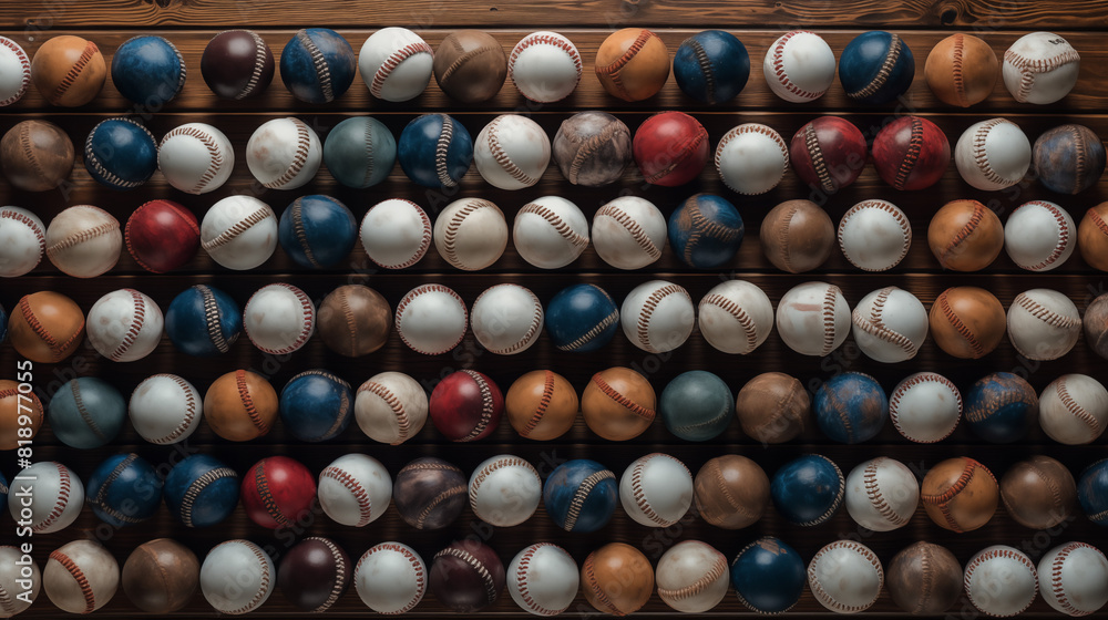 Diverse Collection of Baseballs on Wooden Shelf Diverse Collection of Baseballs on Wooden Shelf