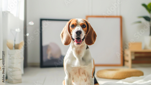 Adorable Beagle Posing Indoors with Art Frames