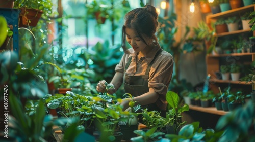 A young woman is taking care of the plants in her greenhouse.