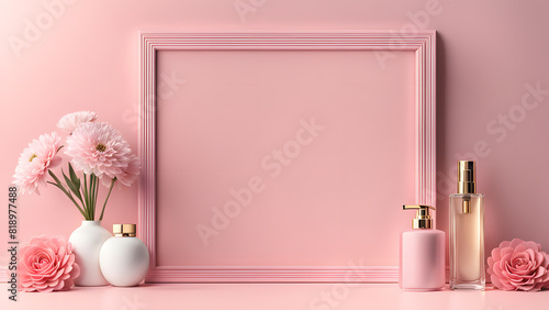 a pink frame with flowers and perfume bottles