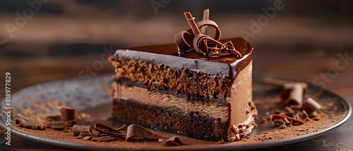 Delicious Triple Chocolate Cake Slice on Ceramic Plate in Natural Daylight