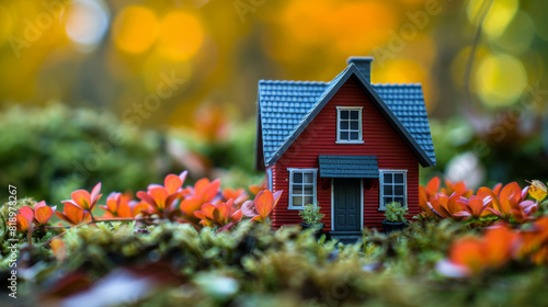A charming miniature red house placed among vibrant autumn leaves, representing solitude and peaceful living in nature.