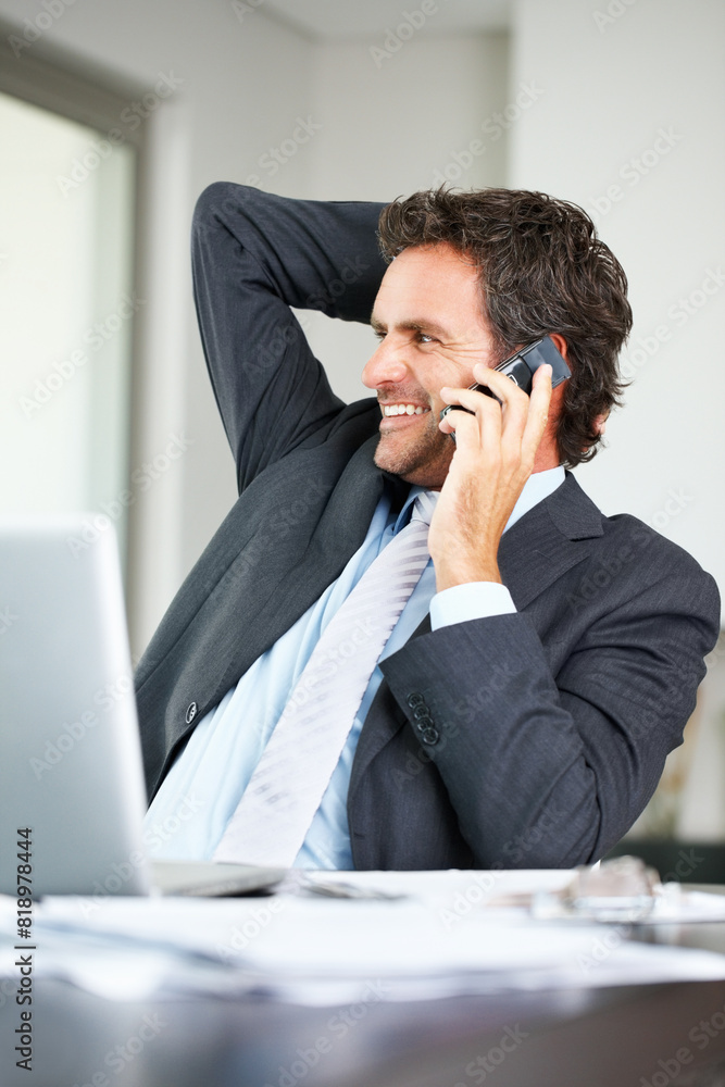 Businessman, phone call and laptop with thinking for discussion, survey and research questionnaire in office. Cellphone, contact us and communication with CRM manager, smile and service solution Businessman, phone call and laptop with thinking for discussion, survey and research questionnaire in office. Cellphone, contact us and communication with CRM manager, smile and service solution