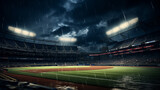 Rainy Night at an Illuminated Baseball Stadium