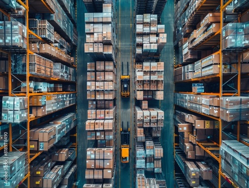 A modern logistics warehouse filled with organized inventory shelves, forklifts in motion, and workers managing supplies, showcasing efficient logistics operations