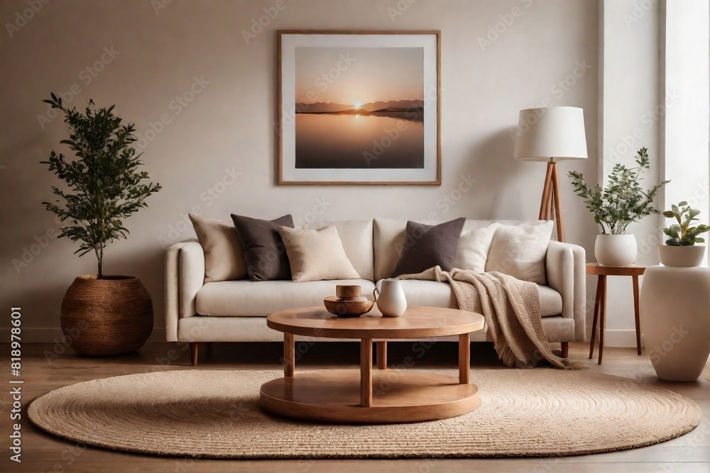 Aesthetic living room interior design with a sofa, wooden coffee table, carpet, decorative vase, and frames on a beige wall. Aesthetic living room interior design with a sofa, wooden coffee table, carpet, decorative vase, and frames on a beige wall.
