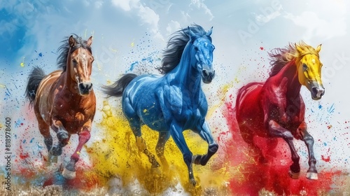 Vibrant abstract acrylic painting featuring galloping horses with colorful paint splatters. A lively banner capturing the speed and energy of horses. 