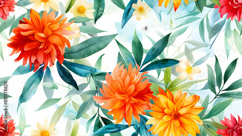 Watercolor Seamless Tiles  Cute Leaves  Daisies Cartoons   Fresh  Charming Gift Wrap Design