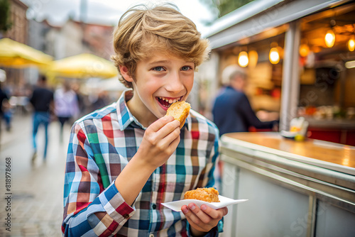 boy enjoying a delicious treat from a food stall  his face showing delight and satisfaction