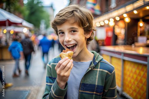 boy enjoying a delicious treat from a food stall  his face showing delight and satisfaction