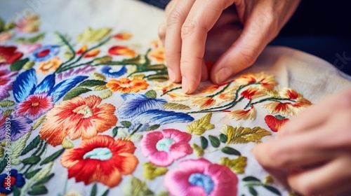 Embroidery craft art with hands making red blue and yellow flowers on white textile cotton fabric using floss threads