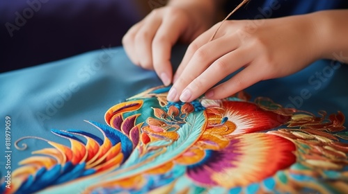 Embroidery craft art with hands making red blue and yellow flowers on white textile cotton fabric using floss threads