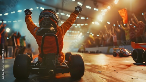 A triumphant cute kid, around 7 years old, raising their arms in victory as they stand beside their pastel-colored go-kart on a podium, surrounded by cheering spectators. Shot from a low angle, the im
