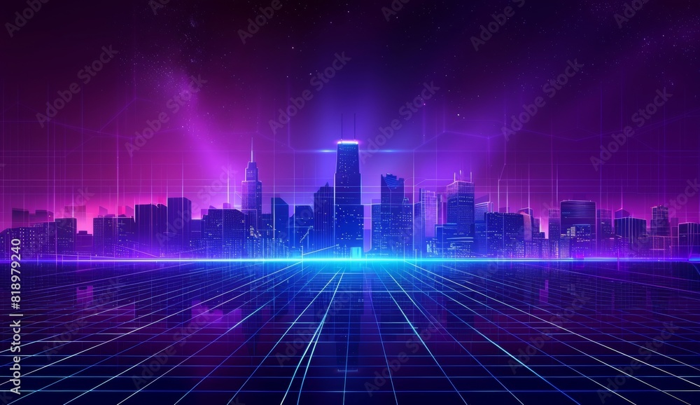 80s synthwave background with grid in purple and blue neon colors featuring a city skyline in the distance rendered in the style of perspective line art.