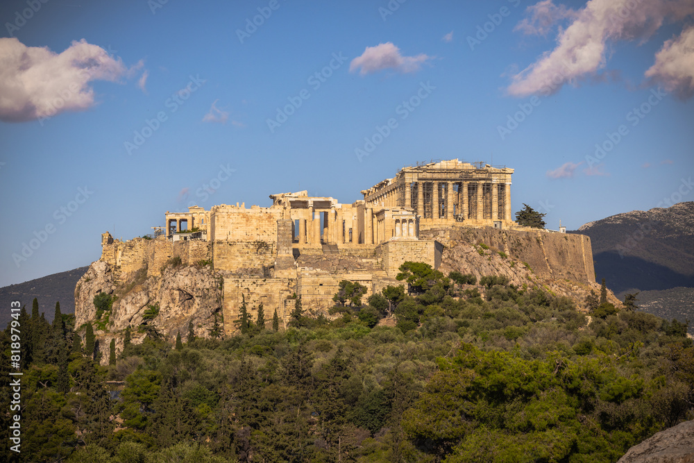 Panoramic view of the Acropolis of Athens from the Philopappos hill in Greece