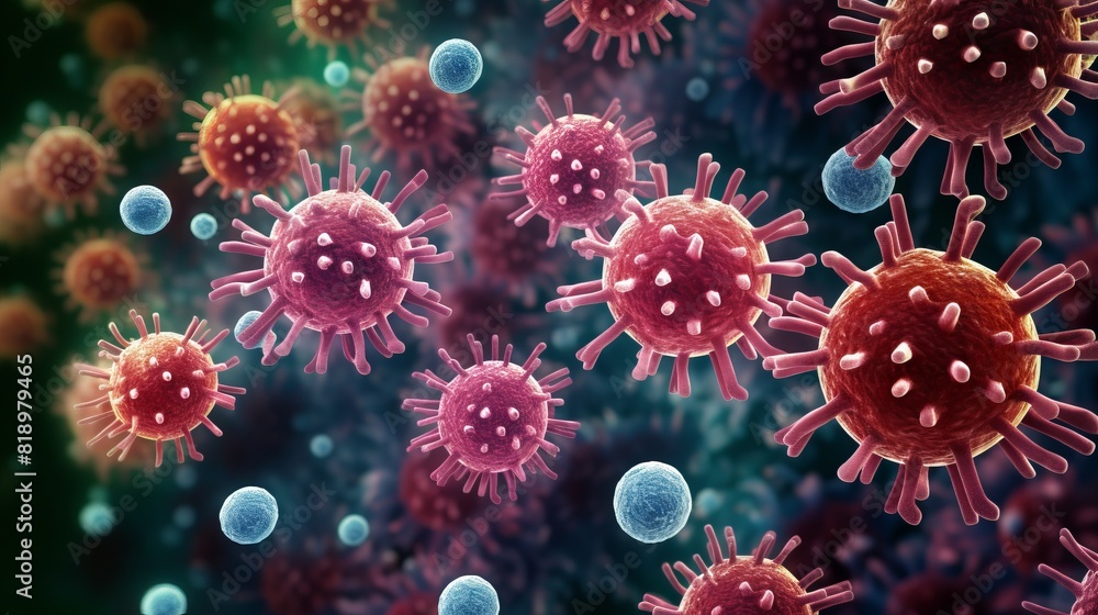Fototapeta premium Viruses under a microscope close-up. red ball with suction cups. Concept: danger of infection and viral infections. 