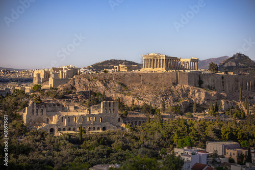 Panoramic view of the Acropolis of Athens from the Philopappos hill in Greece photo