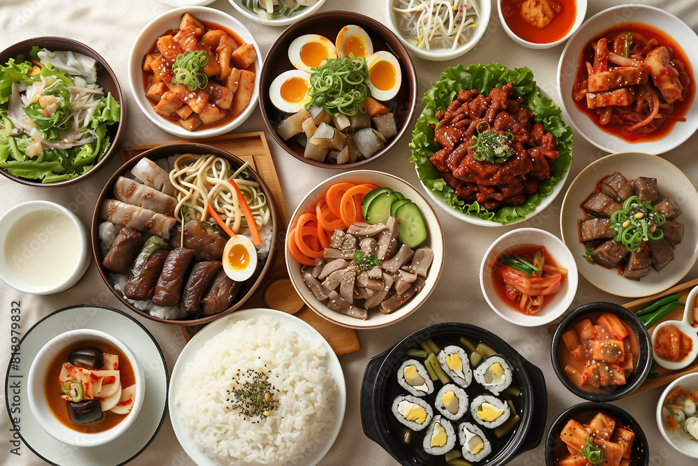 assortment of Korean traditional dishes, asian food, top view