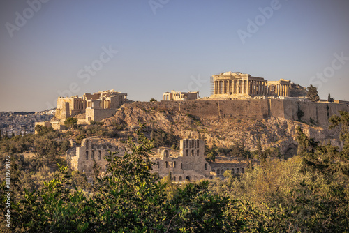 Panoramic view of the Acropolis of Athens from the Philopappos hill in Greece