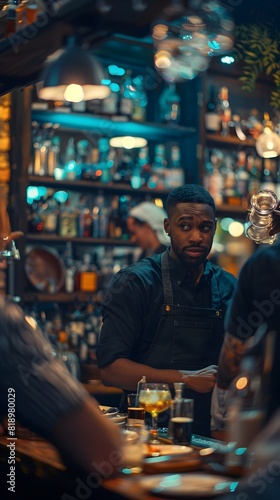 Sophisticated Bartender Crafting Cocktails in a Lively Nighttime Bar Setting © imagincy