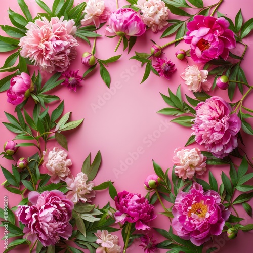 A delicate frame of peony flowers adorns a pink background  offering a lovely summer flat lay with ample space for text or design.