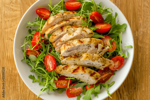 fresh salad with chicken tomatoes and herbs arugula, top view