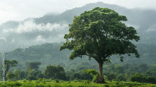 A solitary tree stands in lush  green landscape with misty mountains in the background  capturing the beauty of nature and tranquility.