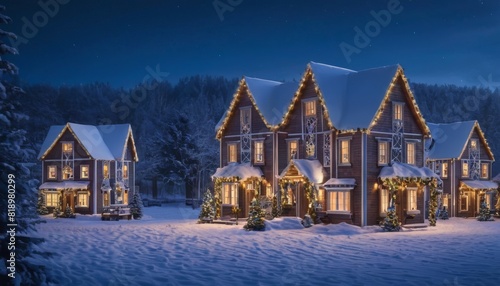 A magical winter night scene with snow-covered houses decorated with Christmas lights, evoking a sense of holiday warmth and community spirit.