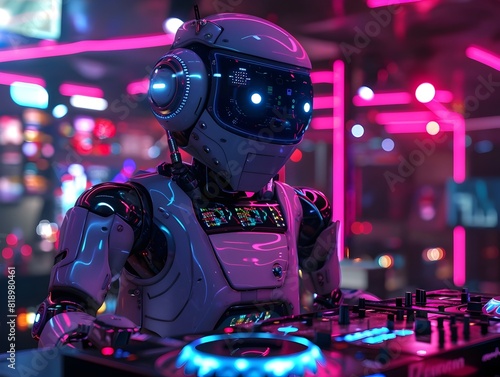 Digital DJ Elevating Futuristic Dance Club with Glowing Neon Lights and Rhythmic Beats