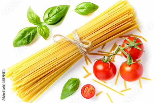 ingredients for traditional Italian linguini pasta with tomatoes and basil, top view