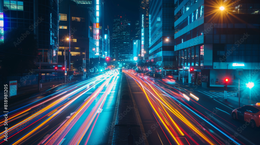 Long exposure of busy city street at night with vibrant light trails and modern architecture.