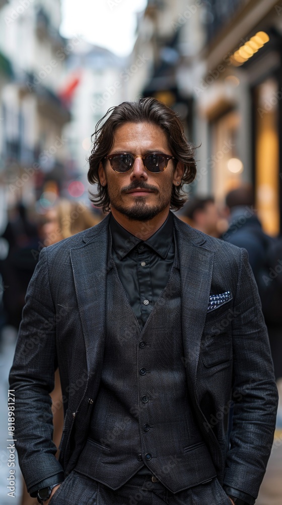 Stylish Modern Businessman in Trendy Sunglasses and Suit on Urban Street Stylish Modern Businessman in Trendy Sunglasses and Suit on Urban Street