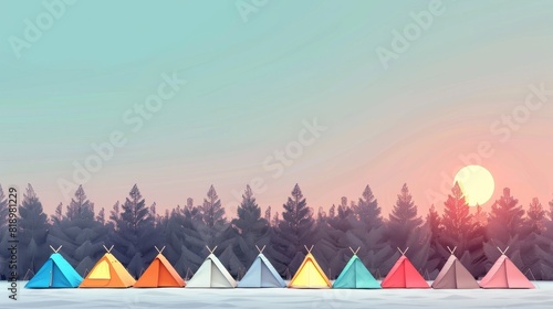 A row of colorful tents are set up in a forest