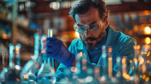 Chemist in a lab coat performing a chemical reaction experiment, with various glassware and reagents on the lab bench.