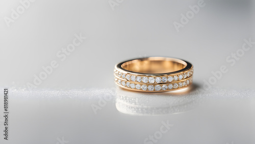 a gold ring with diamonds on a reflective surface