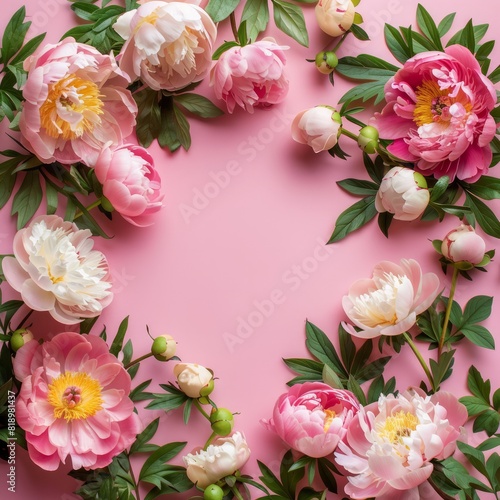 Beautiful peonies form a floral frame against a pink backdrop  perfect for a summer-themed flat lay with plenty of copy space.