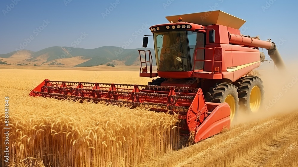 Obraz premium Agricultural combine for harvesting crops in the field. Concept: food supplies and world hunger problems, grain for export and import.