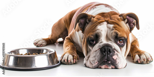 Bulldog with Empty Bowl  Looking for a Meal on White Background